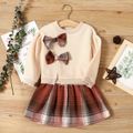 2-piece Toddler Girl Bowknot Design Sweatshirt and Plaid Skirt Set Apricot