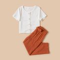 White Short-sleeve Ribbed Tops and Elasticized Waist Pants Sets for Mom and Me White