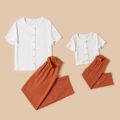 White Short-sleeve Ribbed Tops and Elasticized Waist Pants Sets for Mom and Me White