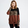 Colorblock Leopard Splice Round-collar Long-sleeve T-shirt Brick red image 1