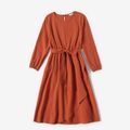 Family Matching Coral Long-sleeve Belted Dresses and Plaid Shirts Sets Coral