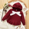 Baby Girl Solid Knit Long Sleeve Hooded Bowknot Sweater Burgundy
