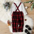 2-piece Toddler Boy Bow tie Design Lapel Collar Button-Down White Shirt and Plaid Overalls Party Set White