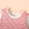 2-piece Toddler Girl Long-sleeve White Top and Bowknot Design Textured Pink Overall Dress Set Pink