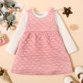 2-piece Toddler Girl Long-sleeve White Top and Bowknot Design Textured Pink Overall Dress Set Pink