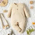 Baby Boy/Girl Solid Ribbed Long-sleeve Jumpsuit with Pocket Apricot image 1
