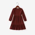 Brick Red Waffle Long-sleeve Casual Tiered Dress for Mom and Me Red