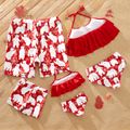 Christmas All Over Polar Bear Print Red Family Matching Halter Neck Ruffle Tops and Shorts Swimsuits Red