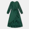 Family Matching Green V Neck Belted Long-sleeve Ruffle Wrap Dresses and Plaid Shirts Sets Green image 2