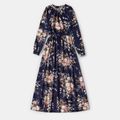 Family Matching Allover Floral Print Long-sleeve Dresses and Contrast Stripe Tops Sets Dark Blue