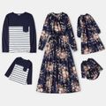 Family Matching Allover Floral Print Long-sleeve Dresses and Contrast Stripe Tops Sets Dark Blue
