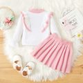 2pcs Baby Pink Bowknot Ruffle Long-sleeve Knitted Sweater and Pleated Skirt Set Pink image 3