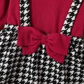 2-piece Toddler Girl Ruffled Ribbed Long-sleeve Top and Houndstooth Suspender Skirt Set Burgundy