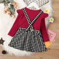 2-piece Toddler Girl Ruffled Ribbed Long-sleeve Top and Houndstooth Suspender Skirt Set Burgundy