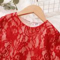 Kid Girl Christmas Floral Lace Design Pearl Decor Long-sleeve Mesh Dress Red