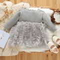 Long-sleeve Ribbed Splicing Solid Layered Tulle Ruffle Mesh Tutu Baby Party Dress Grey