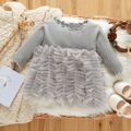 Long-sleeve Ribbed Splicing Solid Layered Tulle Ruffle Mesh Tutu Baby Party Dress Grey