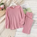 2-piece Kid Girl Casual Solid Color Cable Knit Textured Sweatshirt and Pants Set Pink
