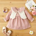 2pcs Baby Plaid Doll Collar Long-sleeve Dress and Knitted Vest Set Pink