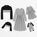 Family Matching Striped Long-sleeve Midi Dresses and Color Block Polo Shirts Sets Black/White