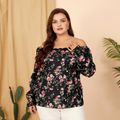 Women Plus Size Elegant Floral Print Off Shoulder Long-sleeve Blouse Black