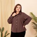 Women Plus Size Basics Lapel Collar Button Down Long-sleeve Shirt Coffee