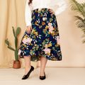 Women Plus Size Vacation Floral Print Ruffle Hem Skirt Dark Blue