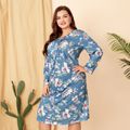 Women Plus Size Elegant Floral Print Round-collar Long-sleeve Dress Blue