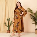 Women Plus Size Vacation Floral Print Tie Neck Long-sleeve Dress Ginger
