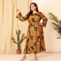 Women Plus Size Vacation Floral Print Tie Neck Long-sleeve Dress Ginger