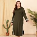 Women Plus Size Basics Striped Slit Long-sleeve Dress Army green