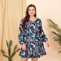 Women Plus Size Vacation V Neck Floral Print Belted Long-sleeve Dress Multi-color