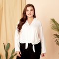 Women Plus Size Casual Tie Knot V Neck Long-sleeve White Shirt White