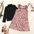 2-piece Kid Girl Mock Neck Long-sleeve Black Tee and Leopard Print Sleeveless Dress Set Pink
