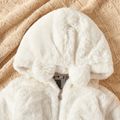 Kid Girl Letter Print Lining Ear Design Zipper Fuzzy Fur Hooded Coat White