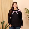 Women Plus Size Casual Floral Print Long-sleeve Tee Black