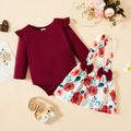 2pcs Baby Girl Solid Long-sleeve Romper and Floral Print Suspender Skirt Set Burgundy