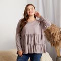 Women Plus Size Casual V Neck Grey Tiered Long-sleeve Tee Grey