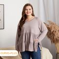 Women Plus Size Casual V Neck Grey Tiered Long-sleeve Tee Grey