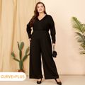 Women Plus Size Casual Surplice Neck Long-sleeve Black Jumpsuit Black