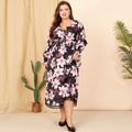 Women Plus Size Vacation Floral Print V Neck Smocked Lace Hem Long-sleeve dress Multi-color