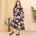 Women Plus Size Vacation Floral Print V Neck Smocked Lace Hem Long-sleeve dress Multi-color