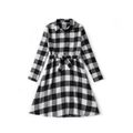 Christmas Black Plaid Family Matching Long-sleeve Lapel Belted Dresses and Shirts Sets Black/White