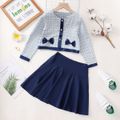 2-piece Kid Girl Plaid Button Bowknot Design Tweed Long-sleeve Top and Blue Skirt Set Blue
