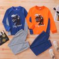 2-piece Kid Boy Letter Animal Dinosaur Print Colorblock Sweatshirt and Solid Color Pants Set Orange