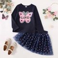 2-piece Kid Girl Letter Butterfly Pattern Flip Sequined Long-sleeve Top and Mesh Skirt Set royalblue