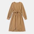 Solid Khaki Round Neck Long-sleeve Casual Belted Dress for Mom and Me Khaki