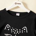2-piece Kid Girl Cat Leopard Print Ruffled Fuzzy Sweatshirt and Denim Jeans Set Black