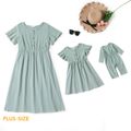 100% Cotton Solid Round Neck Ruffle Short-sleeve Dress for Mom and Me Mint Green