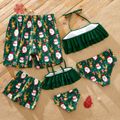 Christmas All Over Santa and Reindeer Print Green Family Matching Swimsuits Green